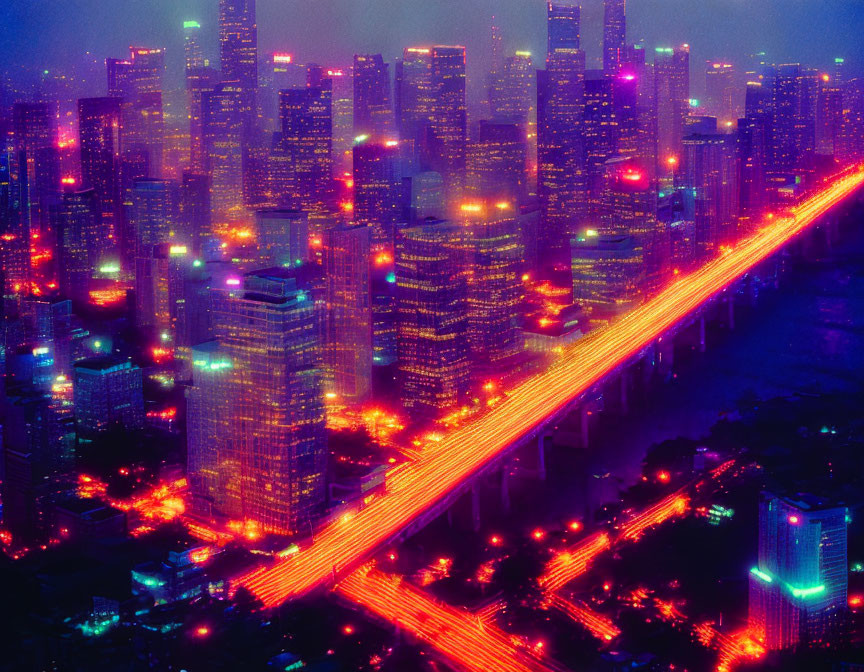 Futuristic neon-lit cityscape with vibrant lights
