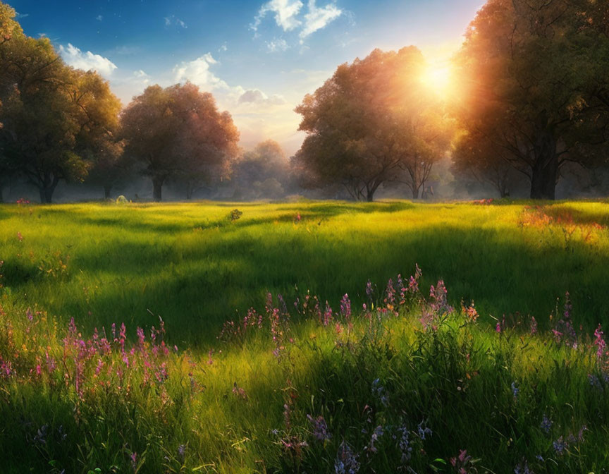 Sunlit meadow with green grass, wildflowers, trees, and golden sunrise