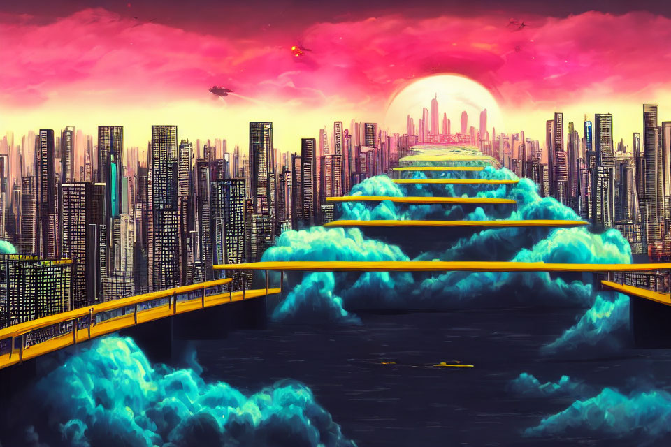 Futuristic sunset cityscape with skyscrapers, sun, elevated roads, and flying vehicles