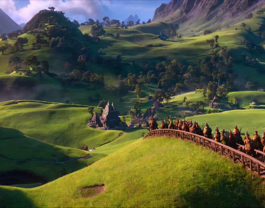 Colorful animated landscape with green hills, river, and characters on horseback.