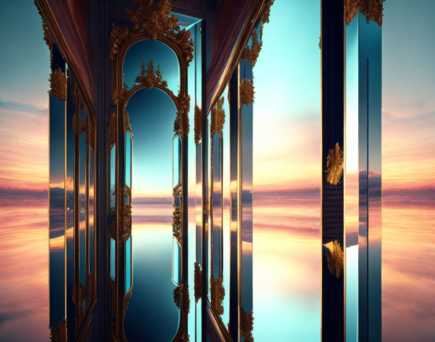 Golden-framed mirrors reflecting surreal sky and water horizon.