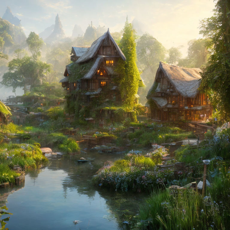 Picturesque fantasy village with thatched-roof cottages and lush greenery