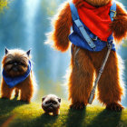 Illustration of two dogs styled as humans, one with a backpack and leading a smaller dog.