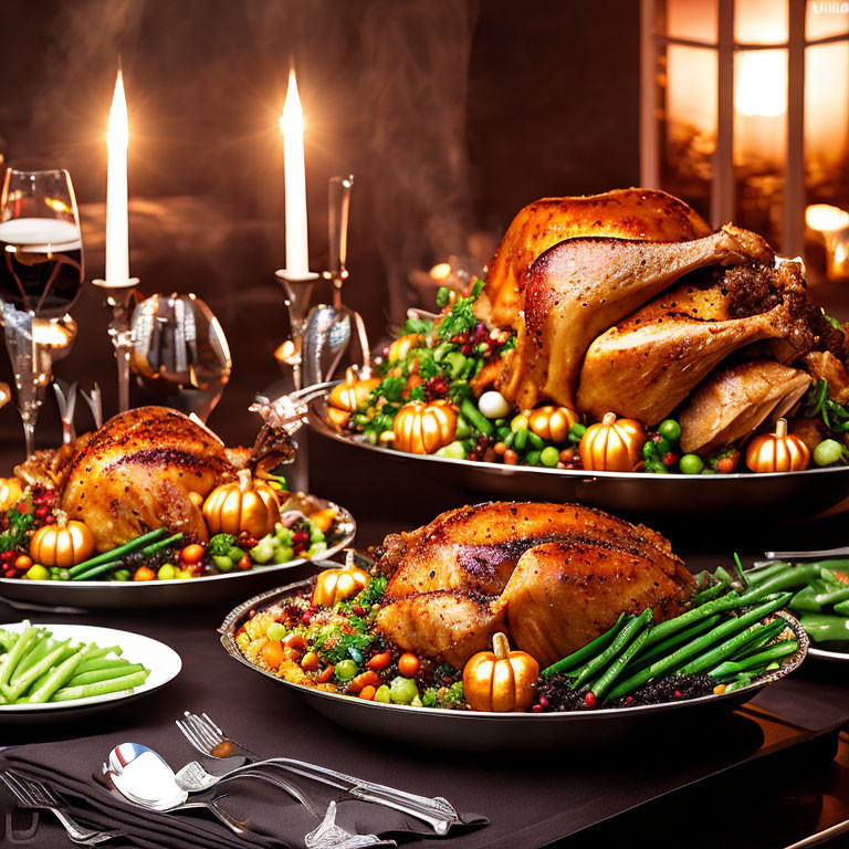 Festive holiday dinner setting with roasted turkeys, green beans, wine glasses, and candles