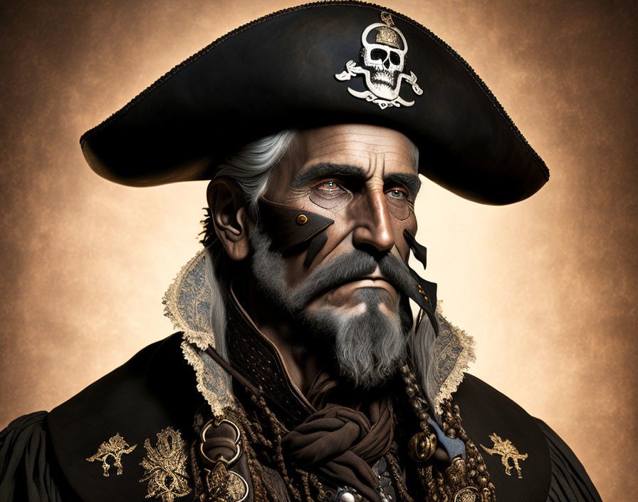 Elderly Pirate Illustration with Grey Beard and Skull Hat