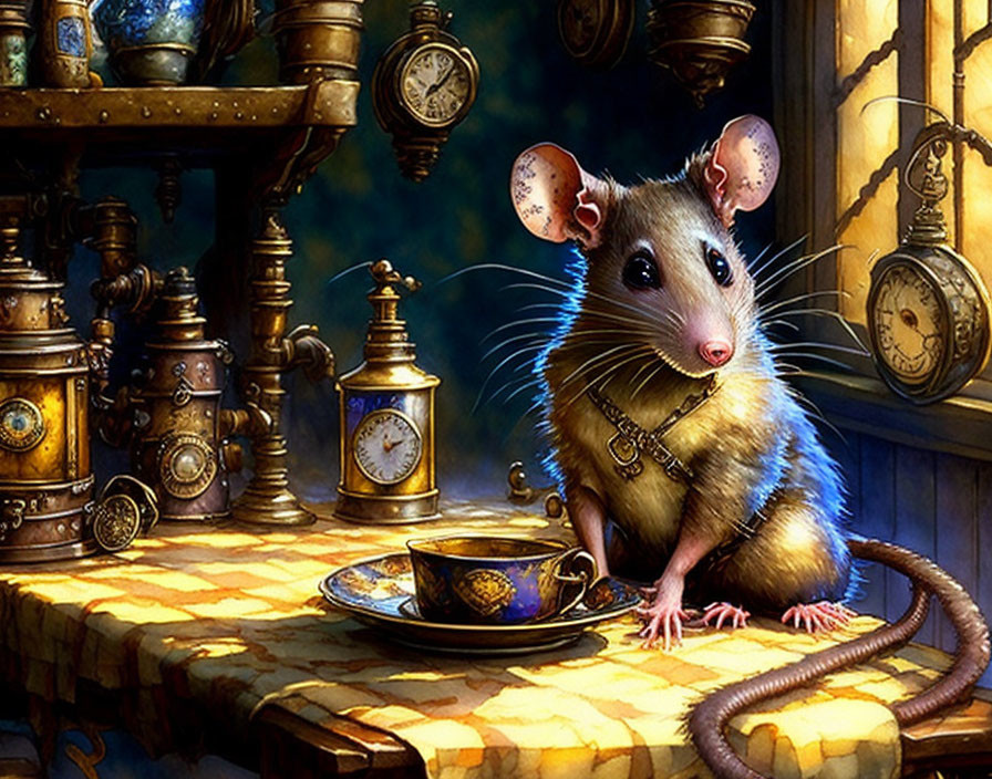 Detailed anthropomorphic rat illustration with teacup and antique clocks