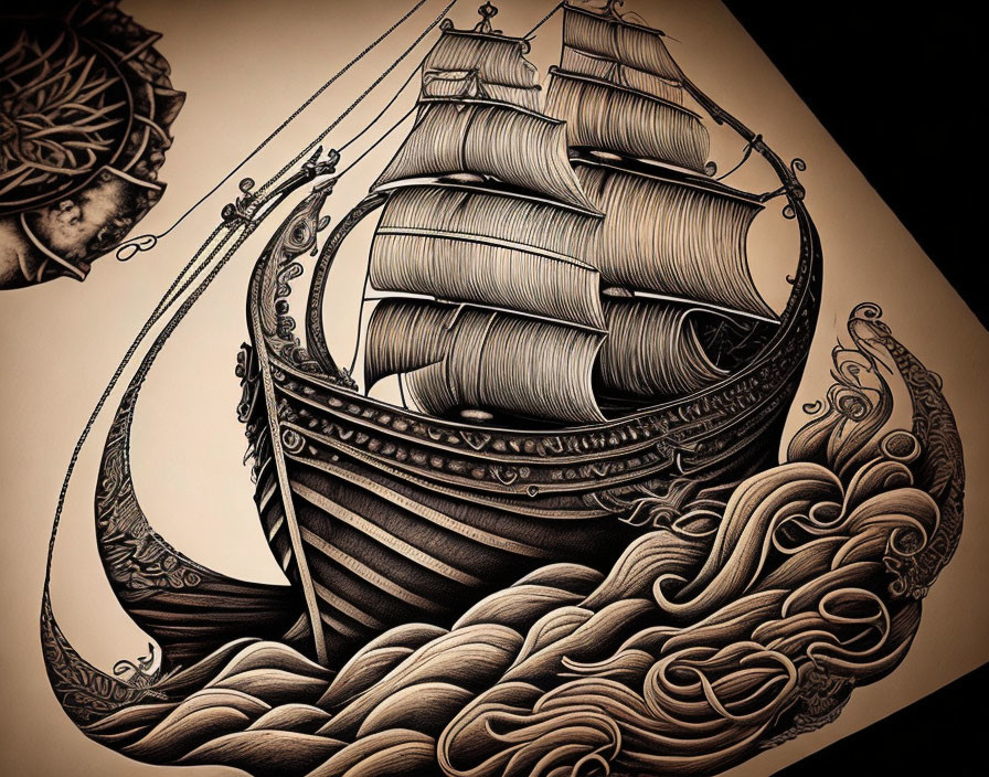 Detailed sepia illustration of old ship with intricate sails on wavy seas & compass rose.