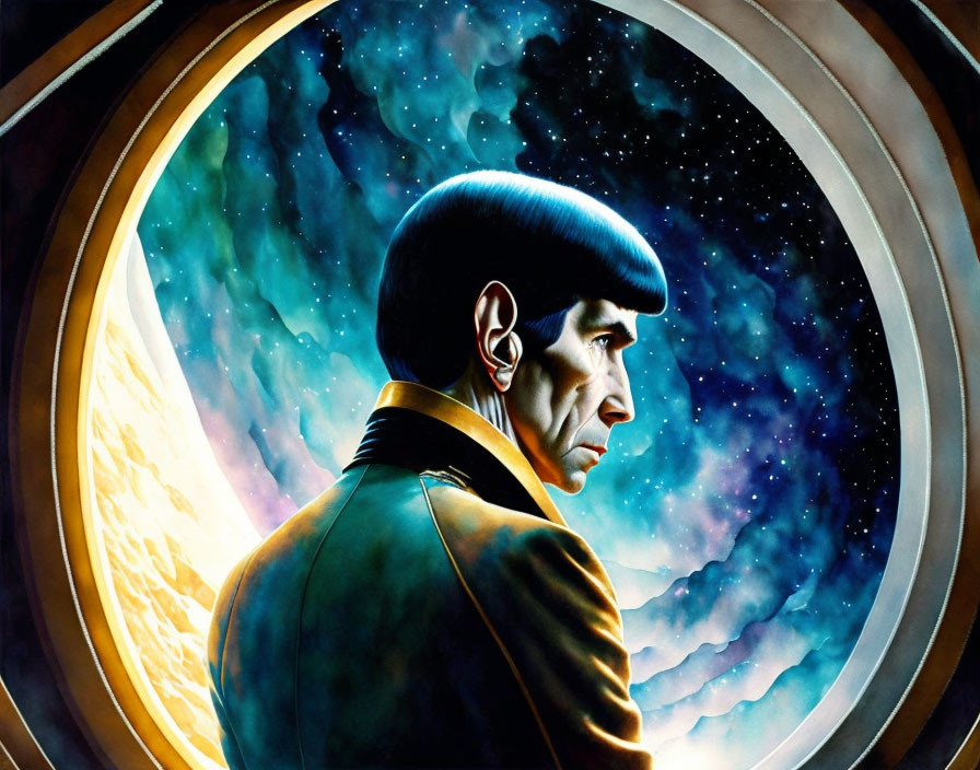 Profile view of fictional character with spacescape background and circular window frame