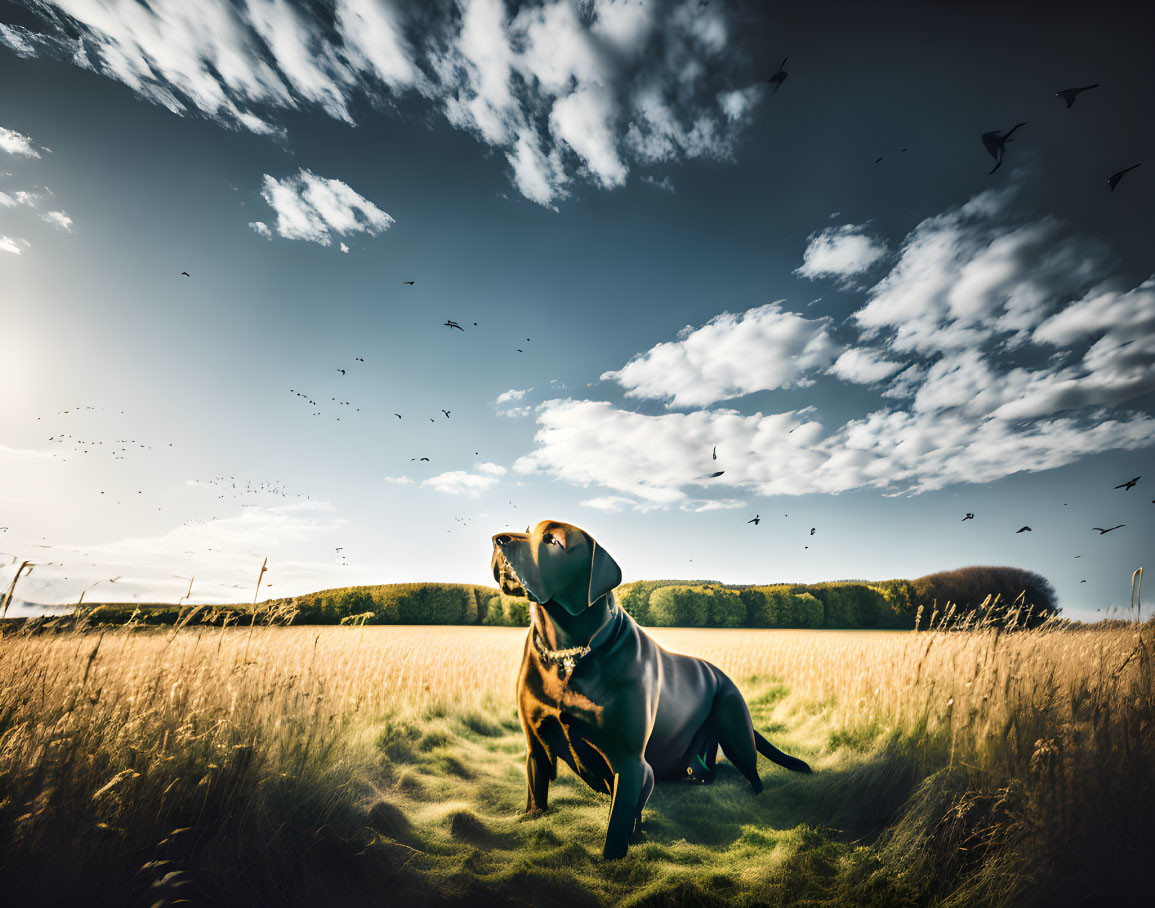 Dog in golden field under vibrant sky with birds and lush trees