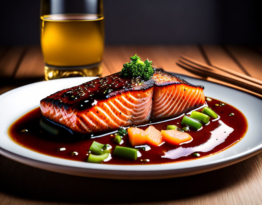 Grilled Salmon Fillet with Glaze and Broccoli on White Plate