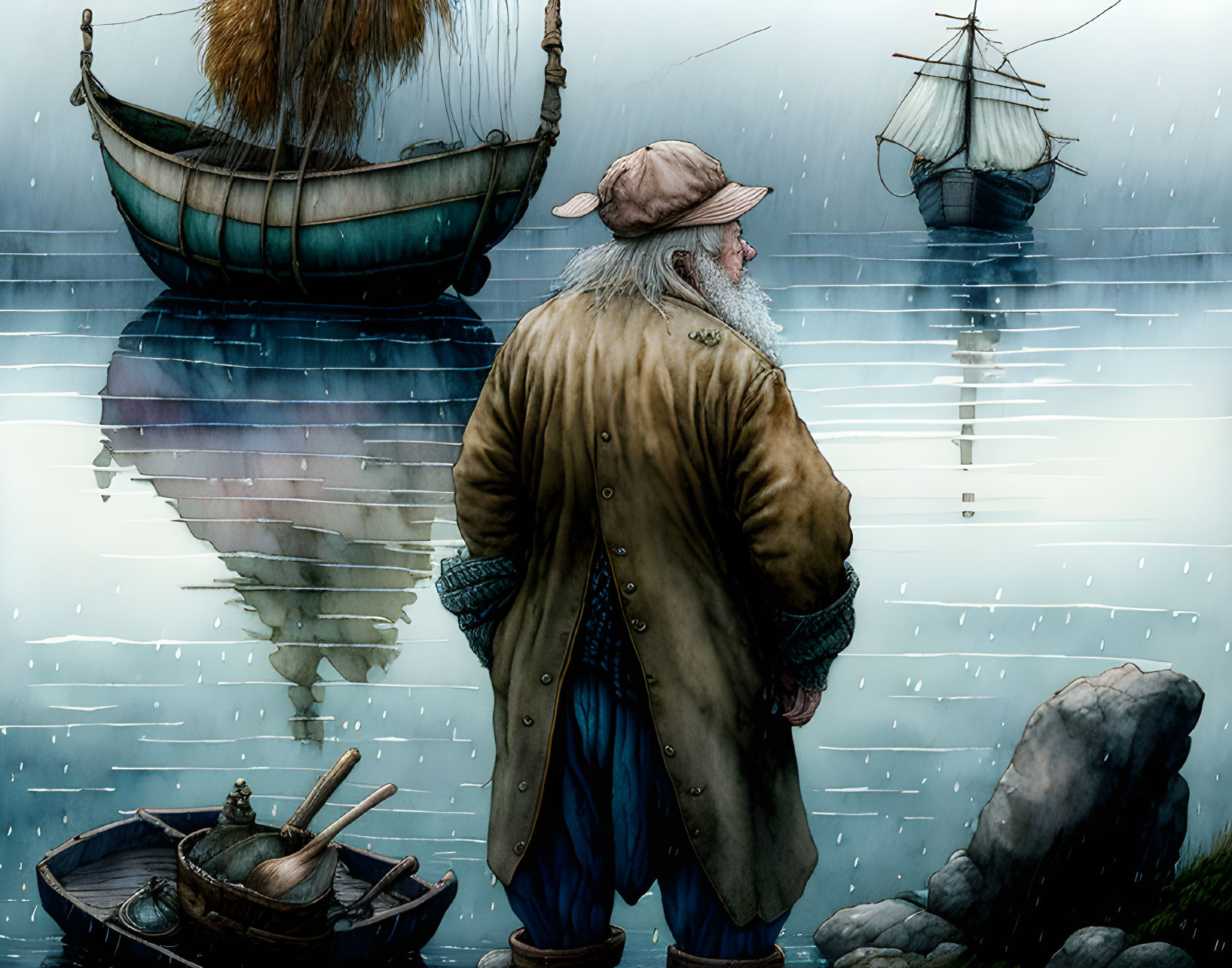Weathered sailor in coat gazes at ghostly ships in misty sea scene.