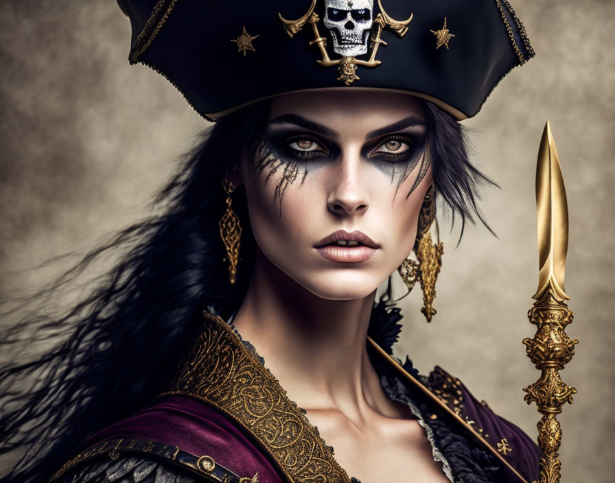 Elaborate Pirate-Inspired Portrait with Tricorn Hat and Gold Spear