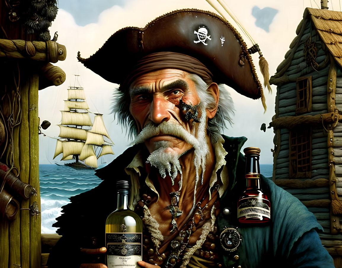 Illustration of grizzled pirate with tricorn hat, rum bottles, ship, seaside buildings