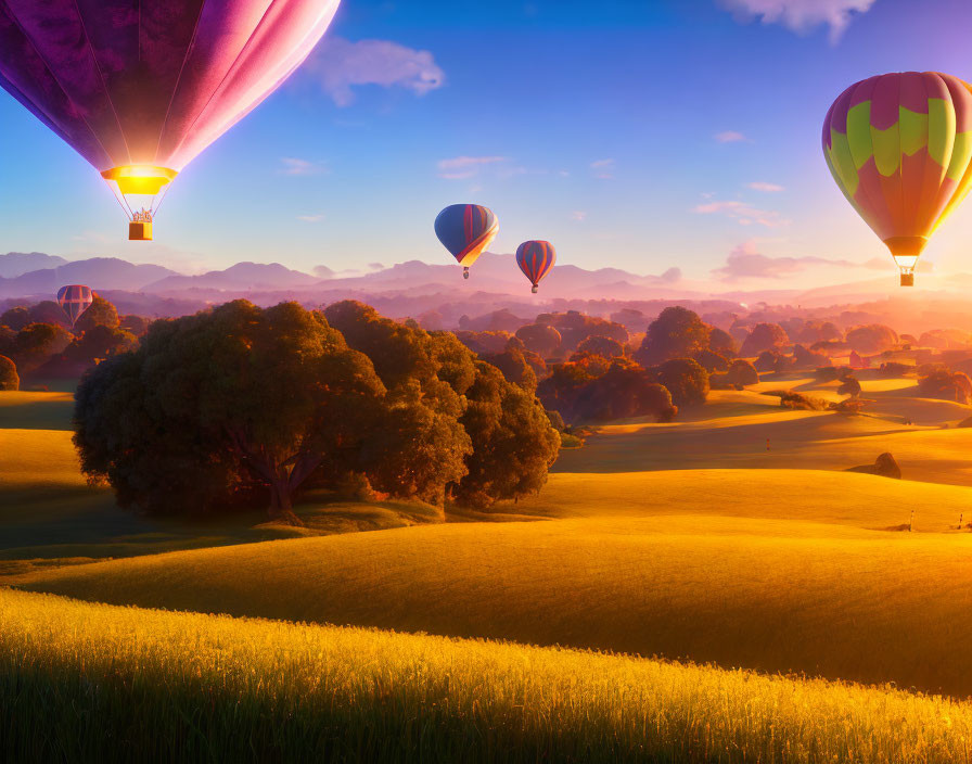 Vibrant hot air balloons drift over peaceful sunrise landscape