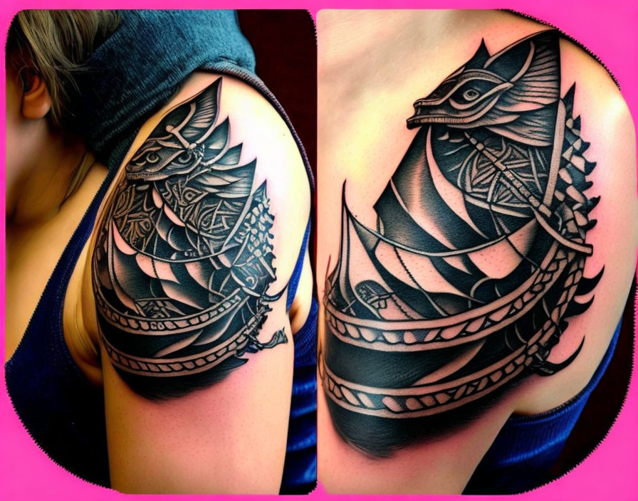 Monochrome photo-realistic ship tattoo on upper arm