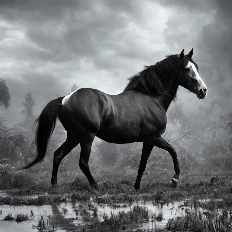 Black horse with white blaze trotting in misty wetland under cloudy sky