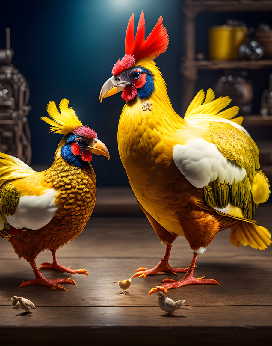 Colorful Roosters on Wooden Surface with Rustic Background