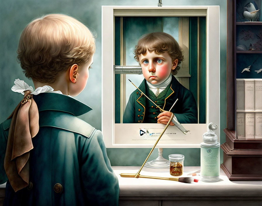 Young boy with thermometer and sling, tears in eyes, framed in window with real boy outside