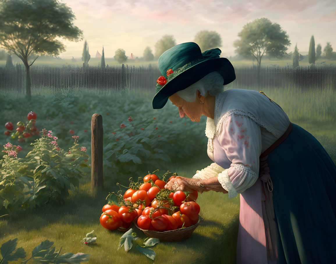 Vintage-dressed woman gathering ripe tomatoes in a sunlit garden