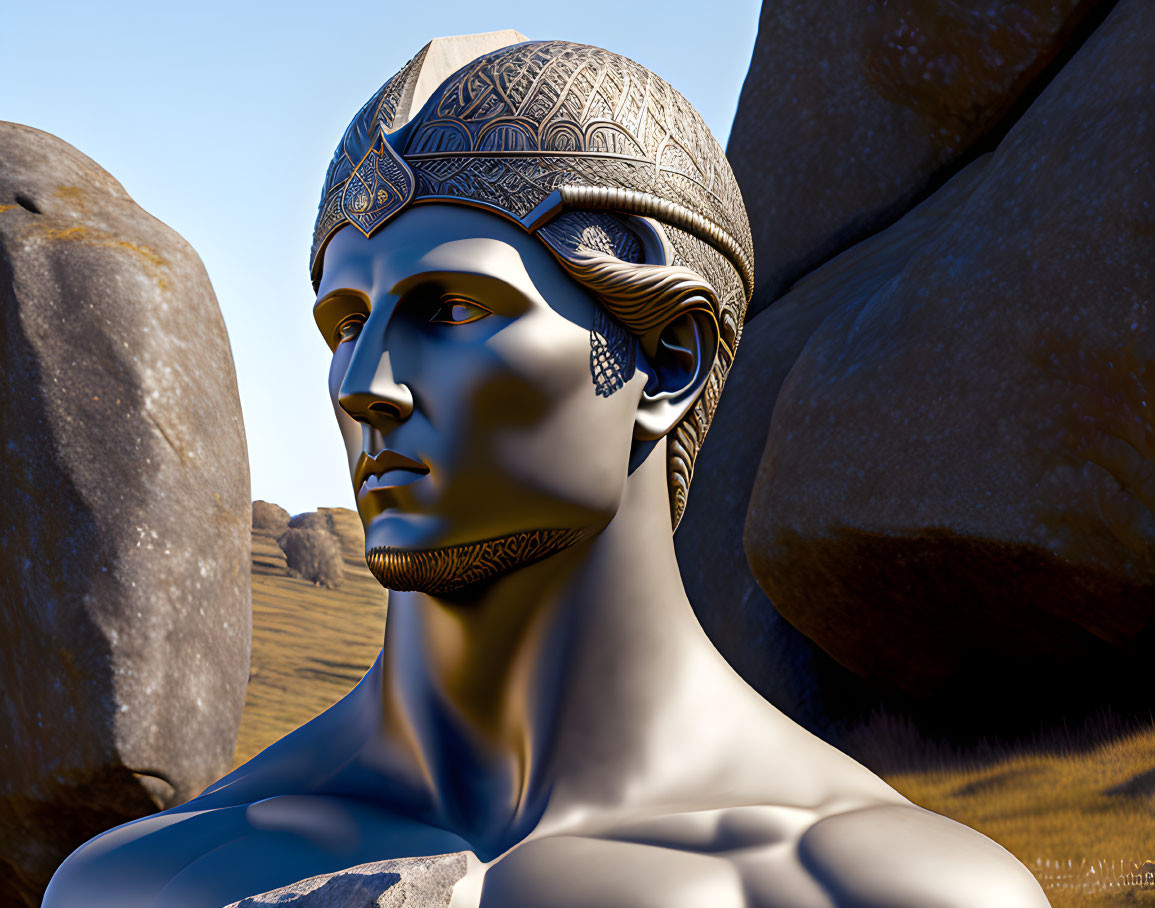 Classical male statue with ornate headband in 3D rendering