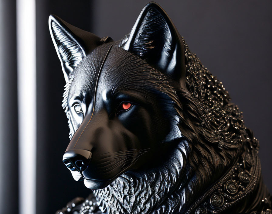 Detailed Black Wolf Statue with Red Eyes on Dark Background