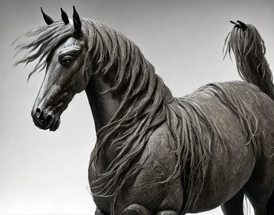 Monochrome sculpture of horse with intricate patterns and flowing mane