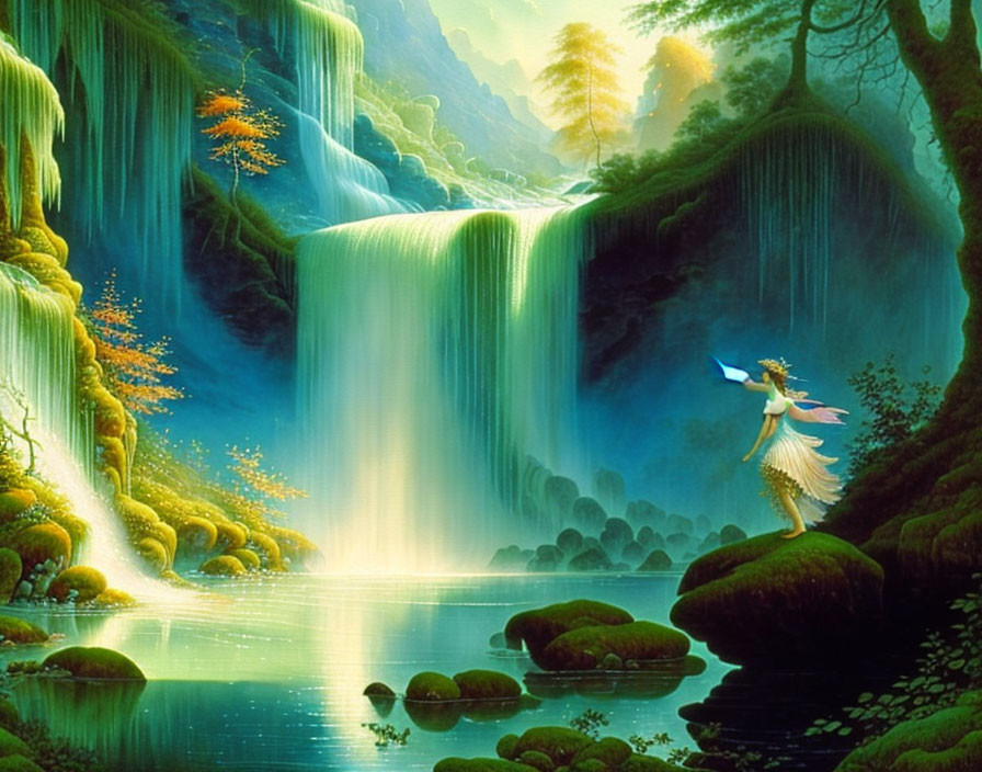 Enchanting fairy with magic wand near luminous waterfall