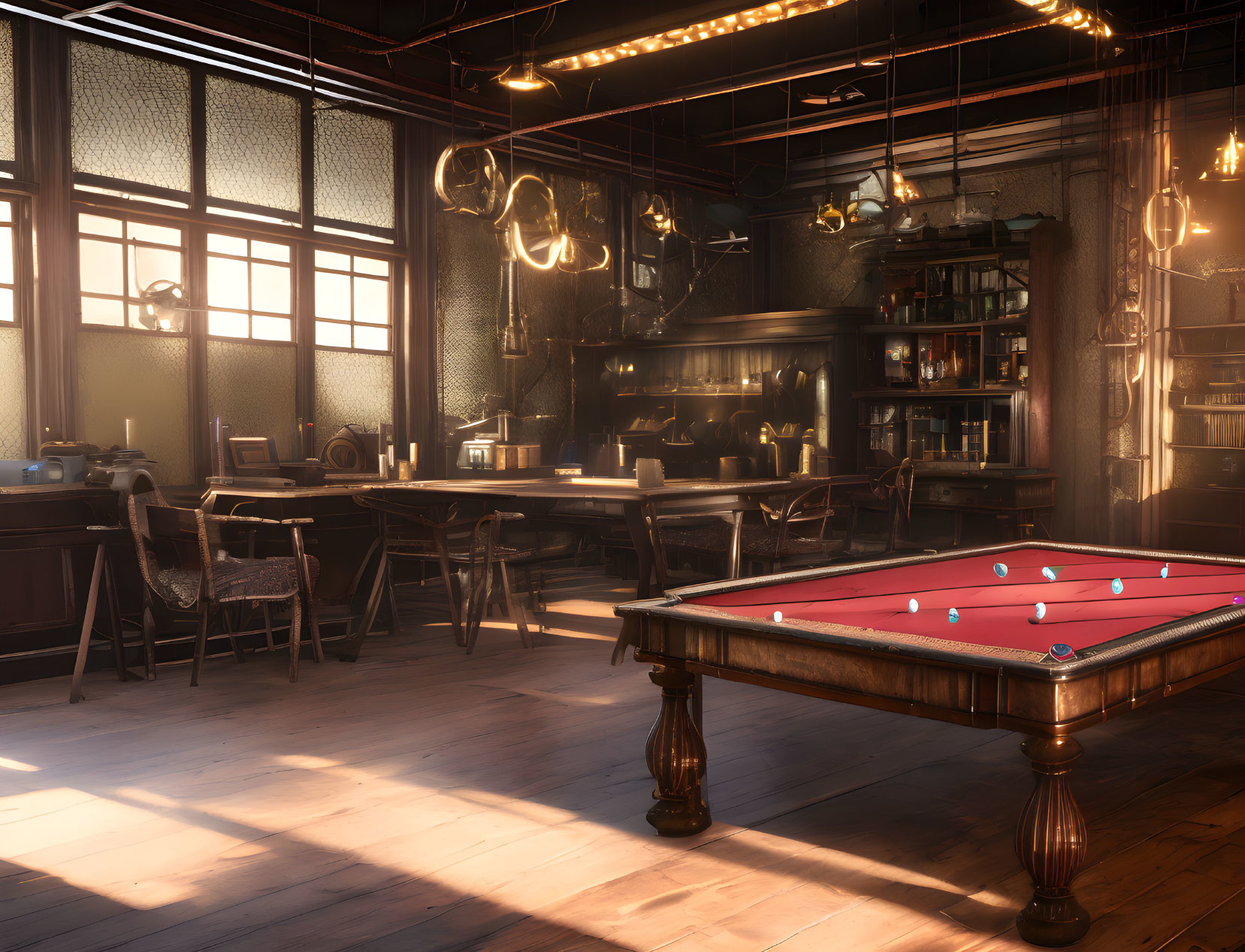Sophisticated interior with pool table, elegant furniture, vintage decor, and natural light.
