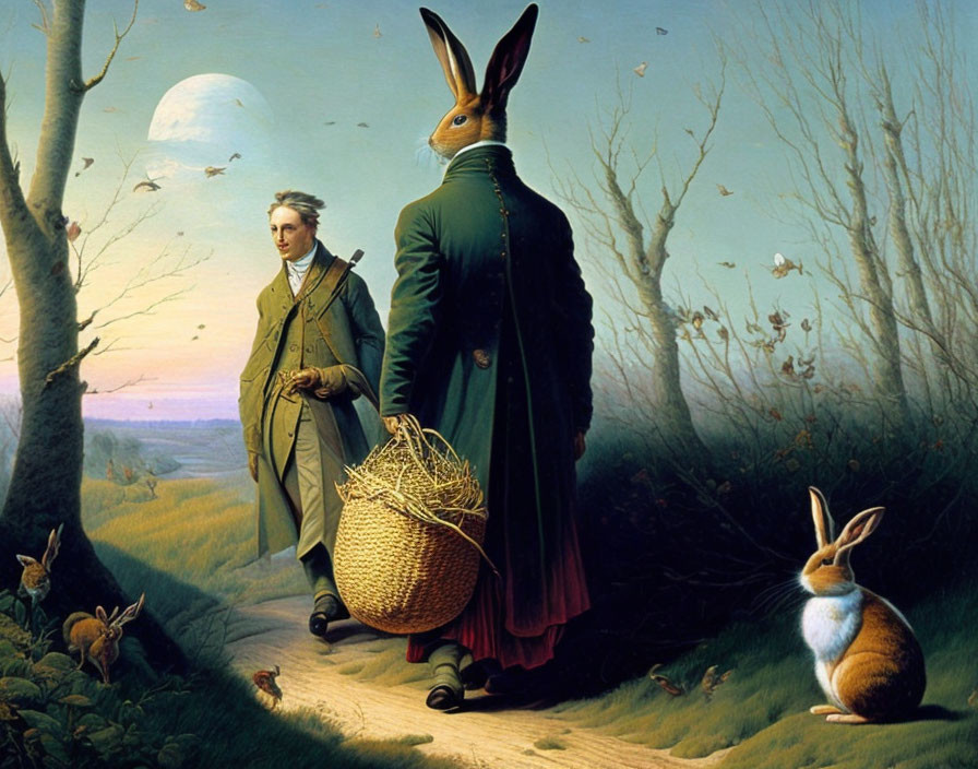 Surreal painting: Rabbit-headed figure with human, basket, rabbits, dusk sky