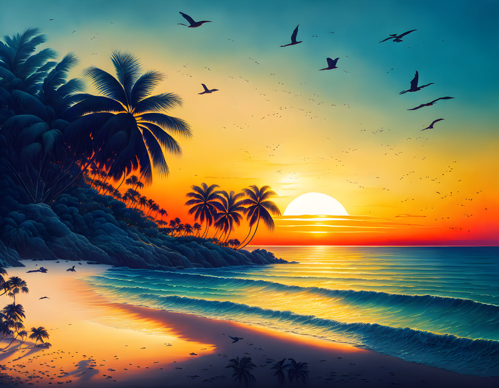 Scenic Tropical Beach Sunset with Palm Trees and Birds