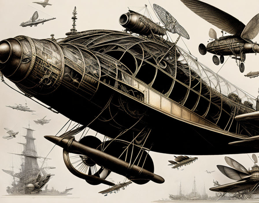 Detailed sepia-toned steampunk airship illustration with flying machines and birds.