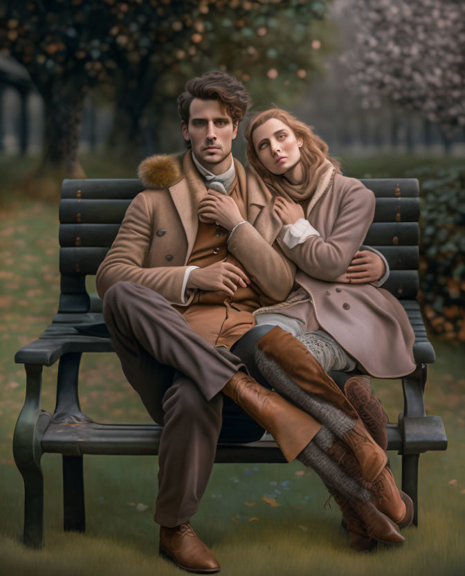 Couple in stylish winter attire on park bench among bare trees