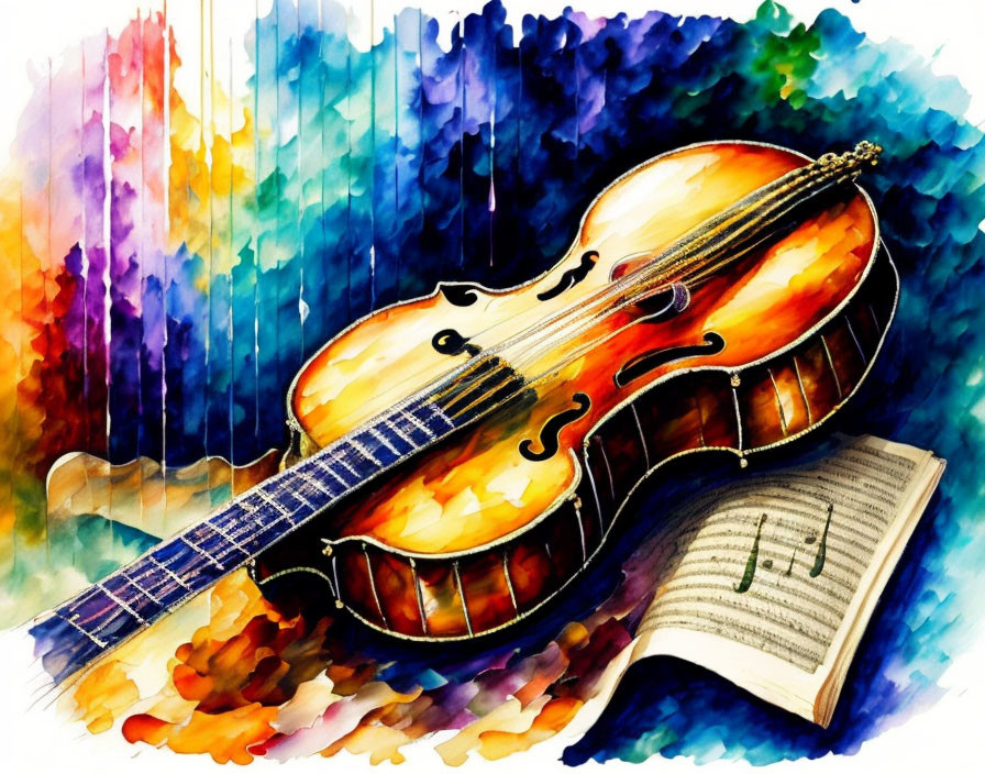 Vibrant watercolor painting of violin on sheet music book