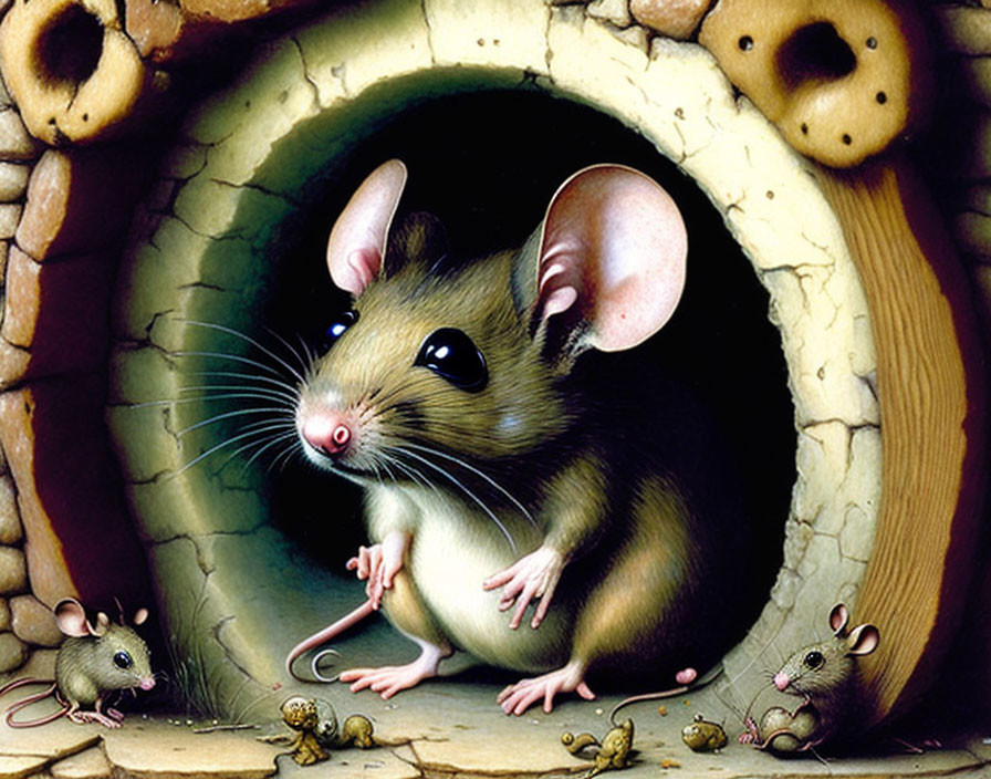 Realistic Illustration of Mouse Peeking from Hole