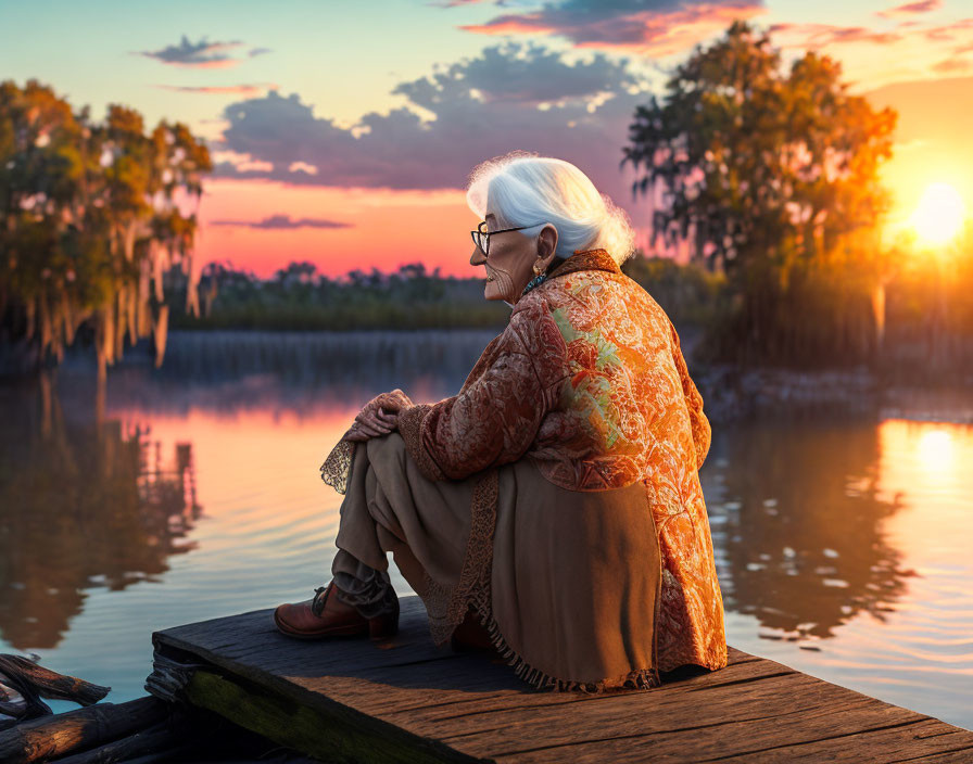 Elderly woman peacefully gazing at serene sunset on lakeside dock