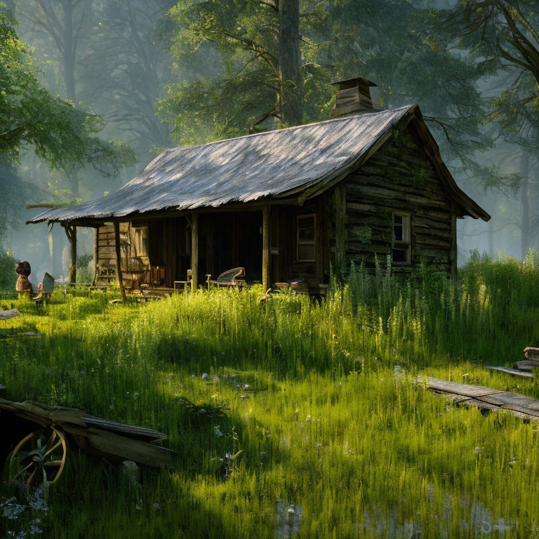 Rusty metal roof on old wooden cabin in sunlit forest clearing