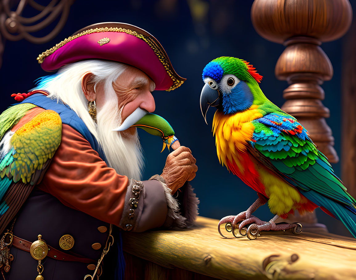 Elderly Pirate Feeding Colorful Parrot on Wooden Railing