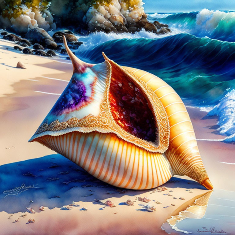 Detailed Illustration: Colorful Seashell on Sandy Beach with Crashing Waves