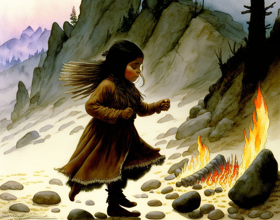 Young girl in traditional clothing near campfire in peaceful forest.