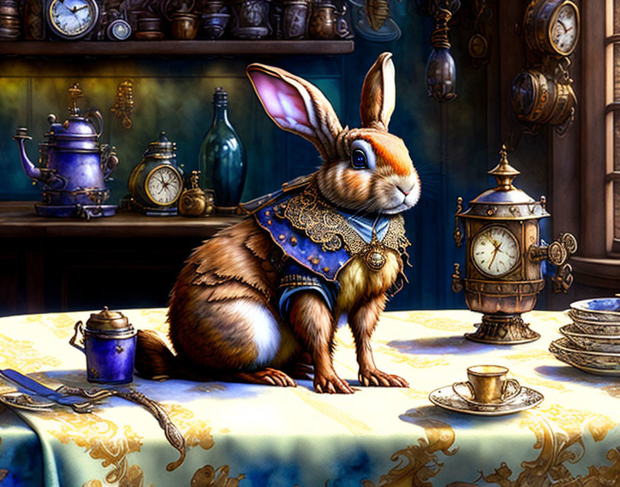 Realistic brown rabbit in blue vest with medallion, sitting among antique clocks on table