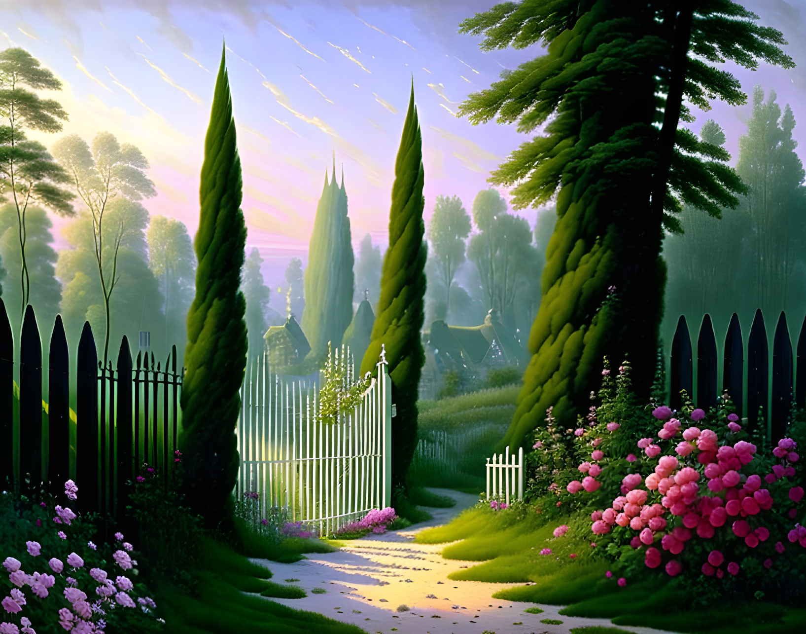 Tranquil dawn garden with lush greenery, trees, fence, and blooming flowers