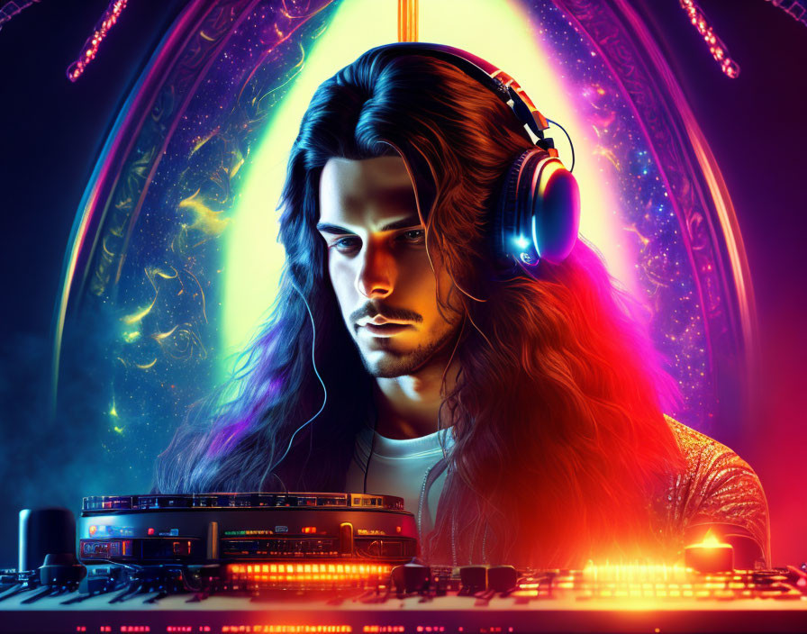 Male DJ mixing tracks on console against vibrant cosmic backdrop