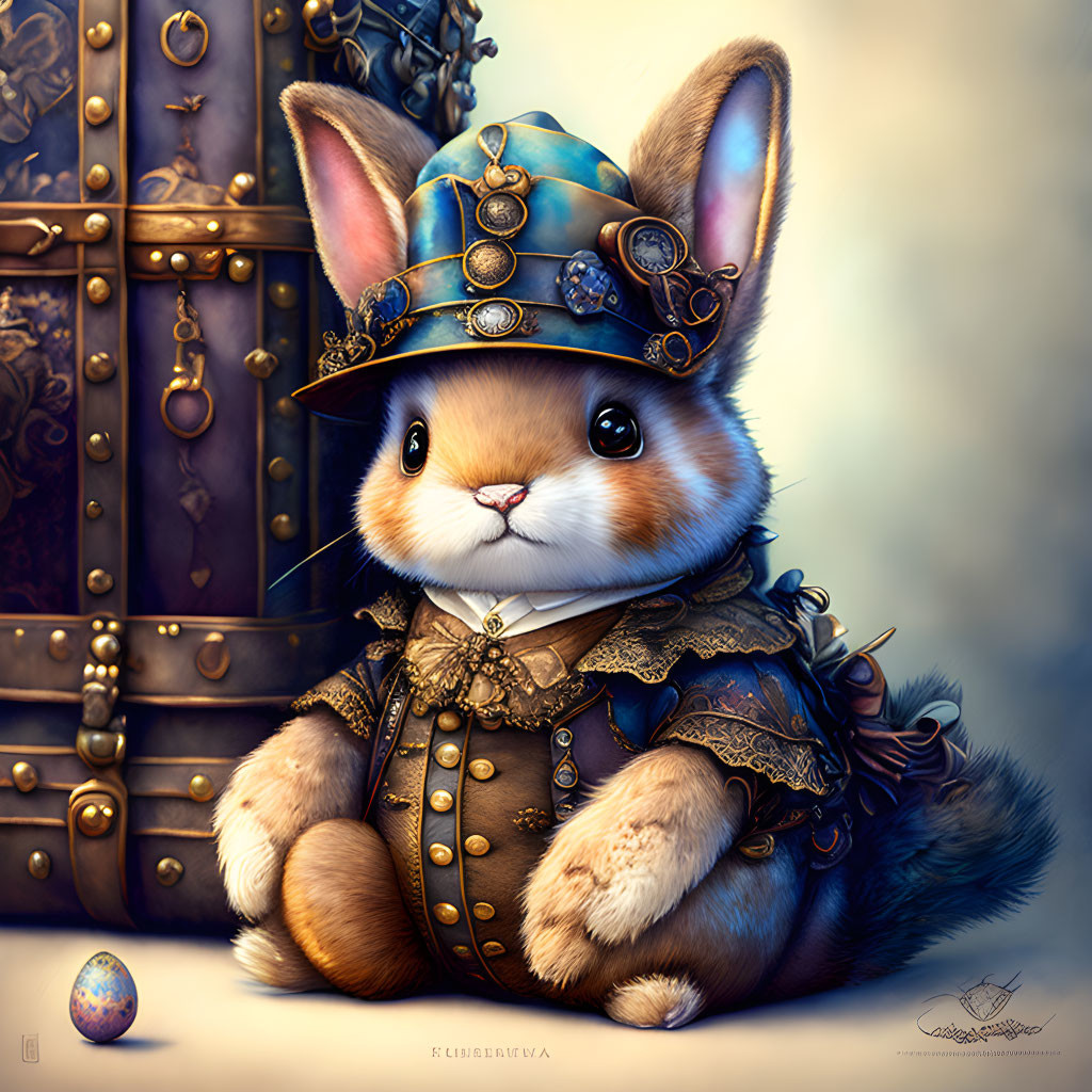 Adorable bunny in medieval knight attire with chest and colorful egg