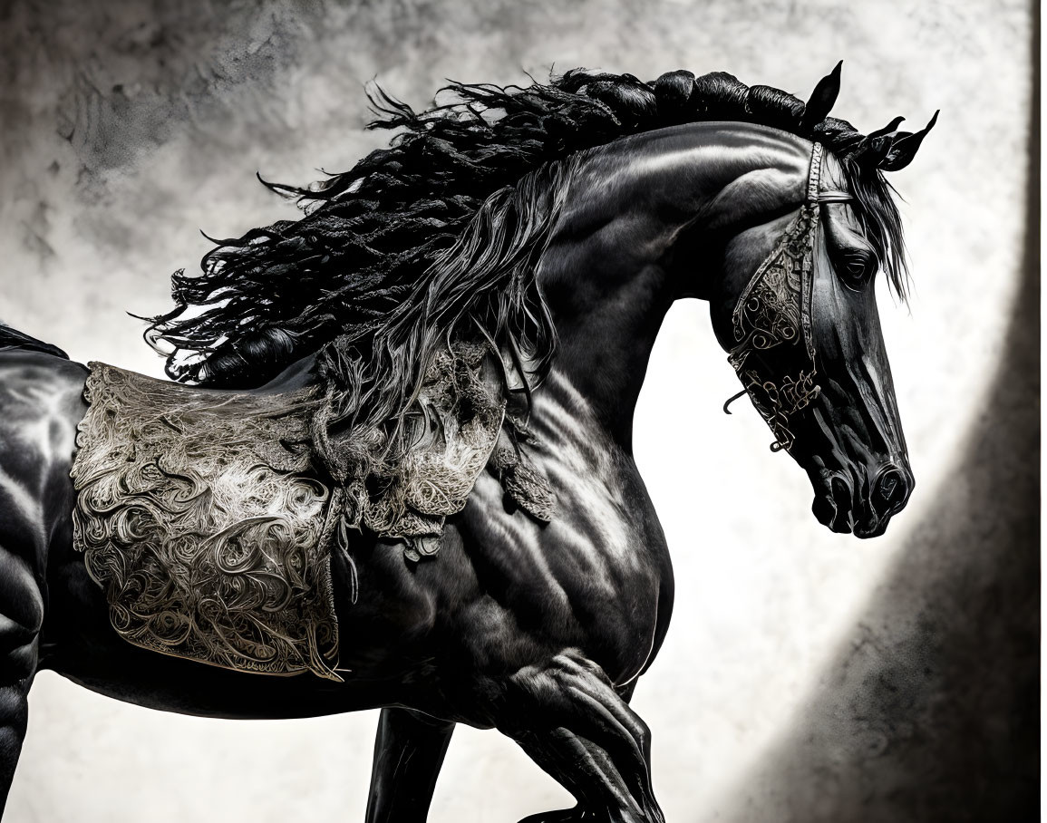 Black horse with detailed tack and flowing mane on textured grey background