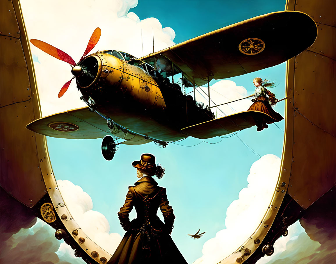 Victorian-themed illustration of person watching vintage biplane in cloudy sky