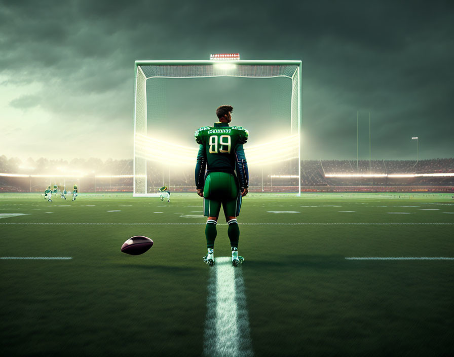 Goalkeeper on Football Field with Rugby Ball in Foreground