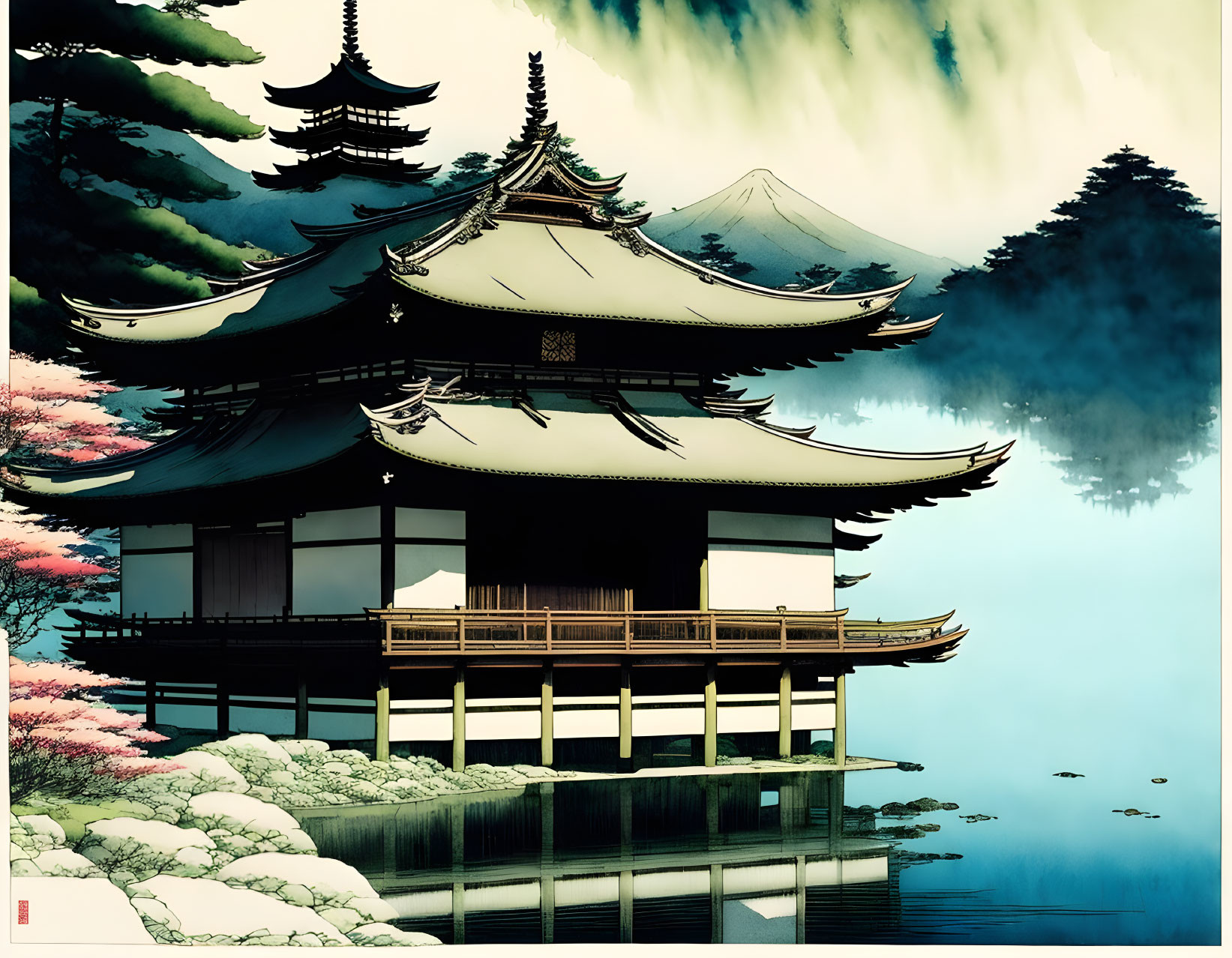 Japanese Pagoda and Mount Fuji with Cherry Blossoms in Tranquil Artwork