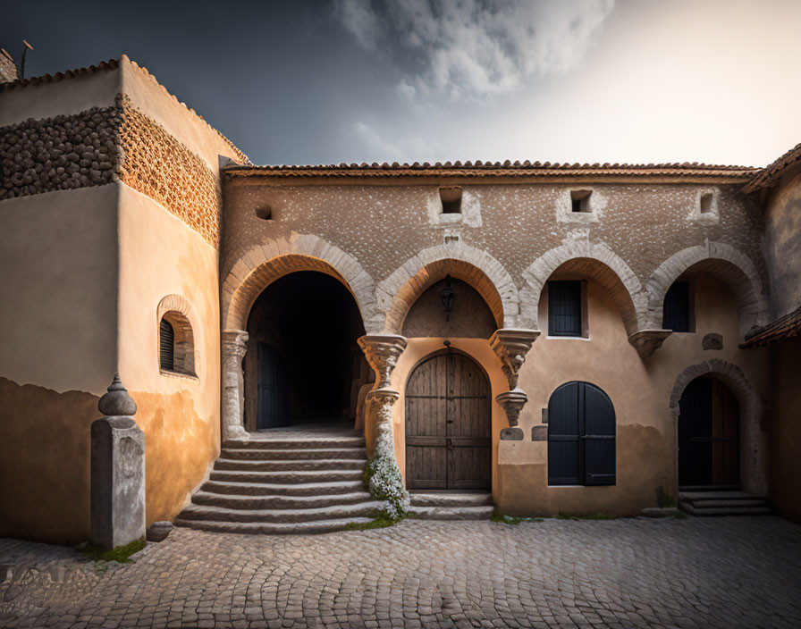 Stone Building with Arched Doorways and Staircase under Dramatic Sky