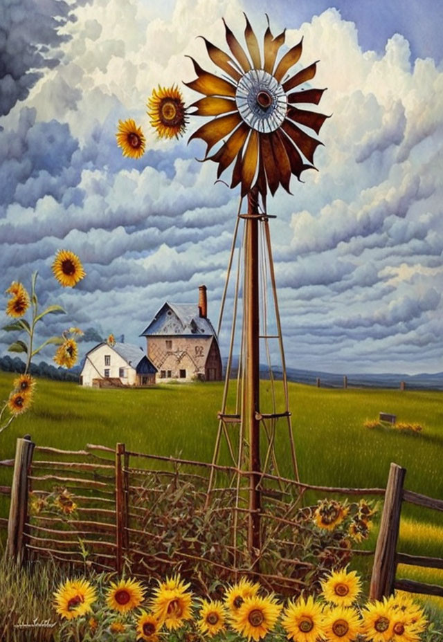 Rustic windmill with sunflowers and farmhouse under cloudy sky