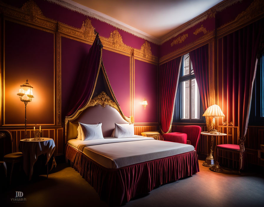 Luxurious Burgundy Bedroom with Canopy Bed and Gold Accents